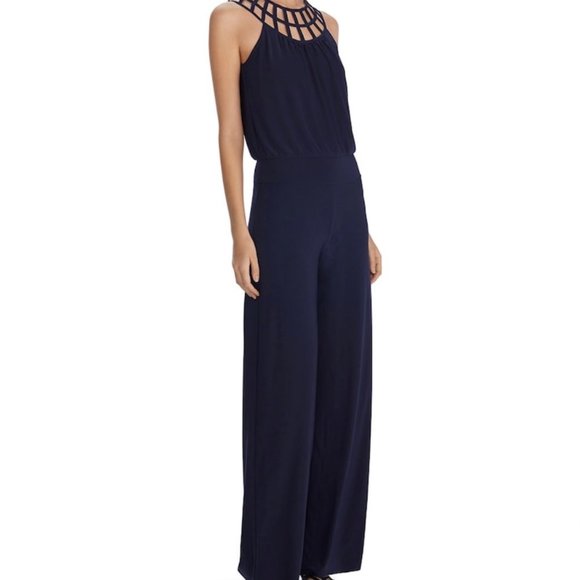White House Black Market Pants - WHBM Sleeveless Lattice Navy Jumpsuit